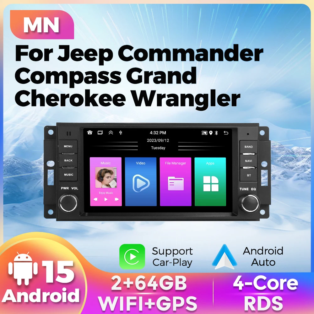 Android 13-Carplay-Autoradio für Jeep Grand Cherokee Liberty Wrangler Chrysler Dodge Navigation GPS FM Stereo Multimedia Player
