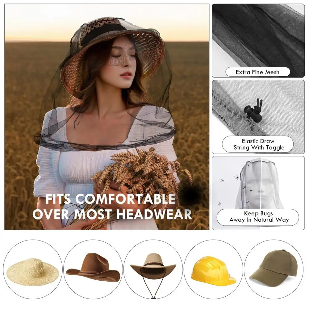 Mosquito Head Net Fine Mesh Face Netting with Drawstring for Hats Face Shield for Men Women Protection from Midges Insects Gnats