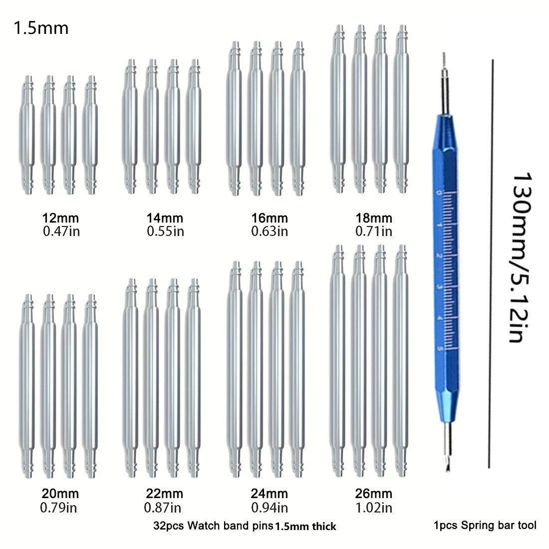 270 Stück/Set Edelstahl-Federstangen Durchmesser 1,5 mm Länge 8 mm - 25 mm/ Uhrenarmband Gürtel Uhrenreparaturwerkzeuge Stift