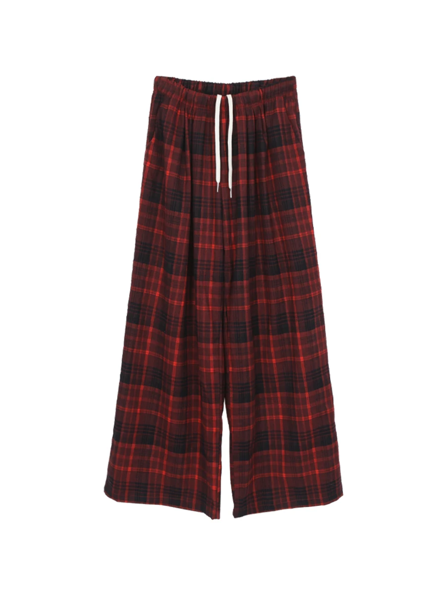 بنطلون نسائي واسع الساق بخصر مرتفع، موديل جديد للخريف والشتاء، فضفاض ومستقيم، بنطلون كاجوال مبطن بالصوف، بنطلون مربعات أحمر