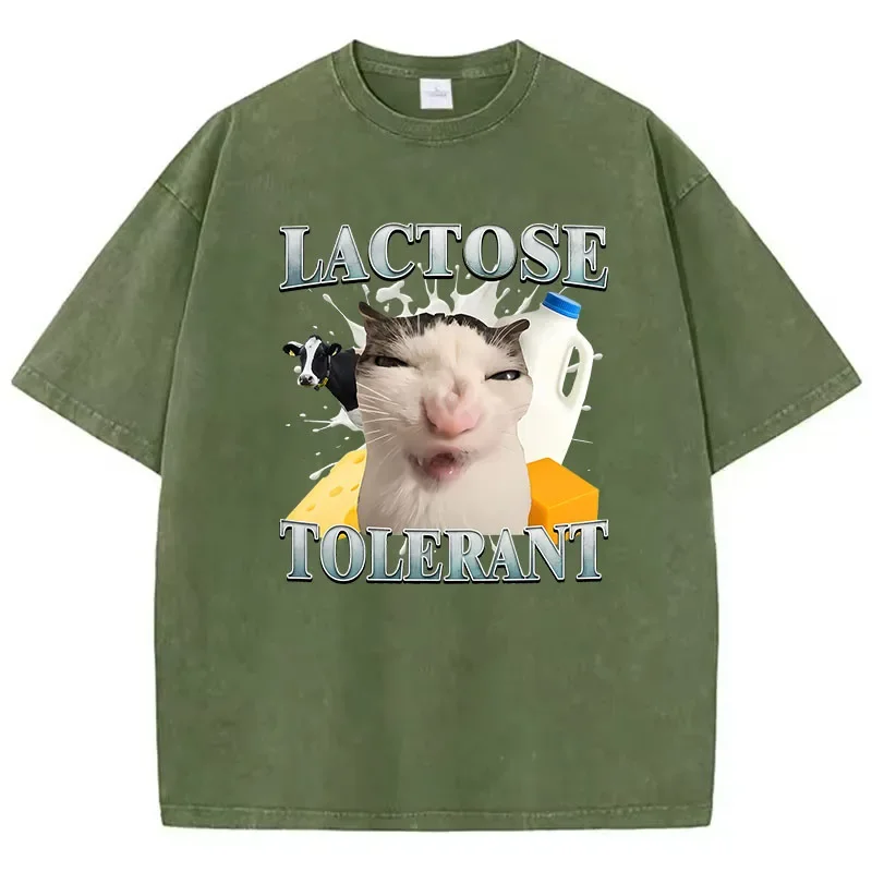 Retro T Shirt Vintage Washed 100% Cotton T-Shirt Lactose Toleran Cat Graphic Tee Casual Streetwear Spring Summer Top