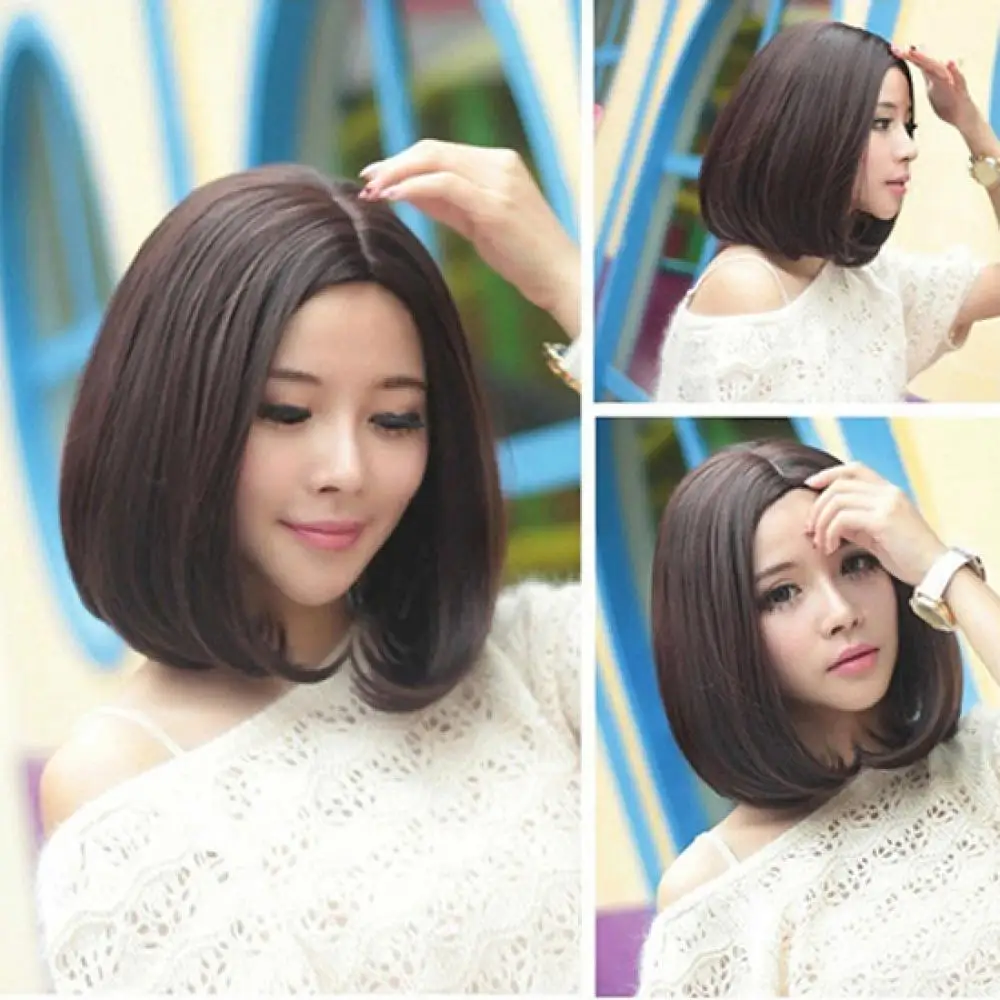 35cm Women Lady Short Straight Hair Full Wigs Cosplay Party Hair Extension Woman Shoulder-length Short Hair In Part Trim Face