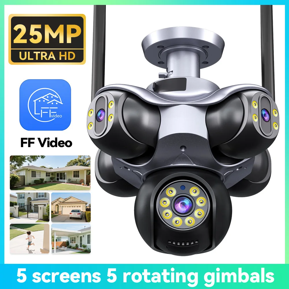 25MP Cameras Wifi 720° PTZ Panoramic Security Cam Outdoor 5 Lens 5 Screens Night Vision CCTV Wireless Video Surveillance Camera