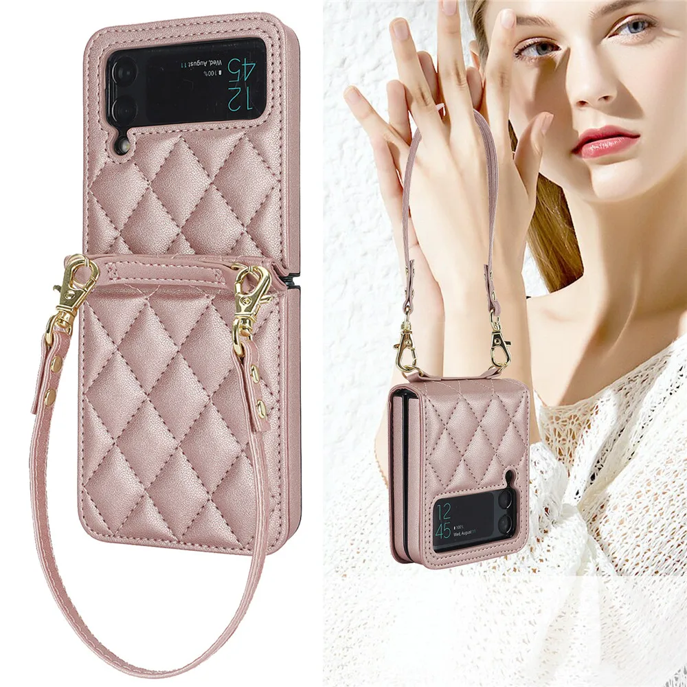 Luksusowe skórzane etui crossbody na Samsung Galaxy Z Flip 7 6 5 4 3 5G z długą smyczą, odporne na wstrząsy, z osłoną na obiektyw.