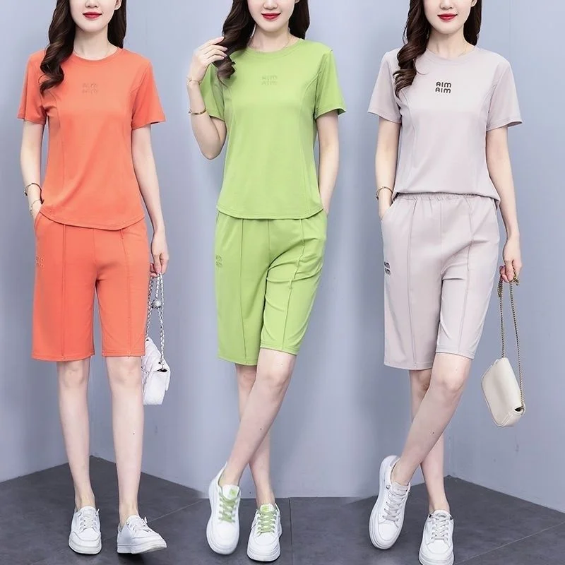 Women\'s Casual Suit 2024 Summer New Fashion Age Reducing Western-style Slim T-Shirt Crop Tops Knee Length Shorts 2 Two Piece Set