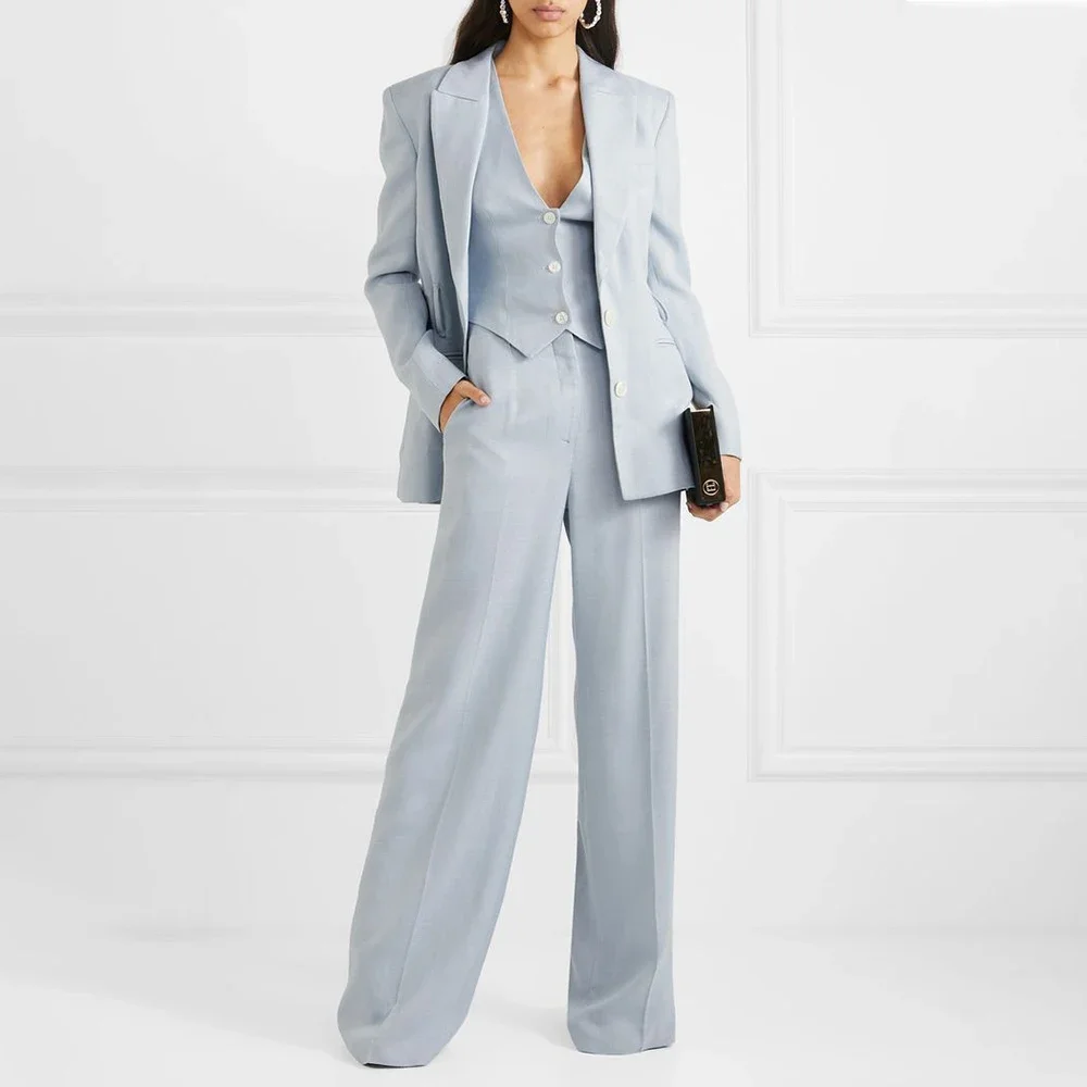 Light Blue Women Suits 3 Piece Single Breasted Peak Lapel Business Office Outfits Daily Casual Pants Sets (Blazer+Vest+Pants)