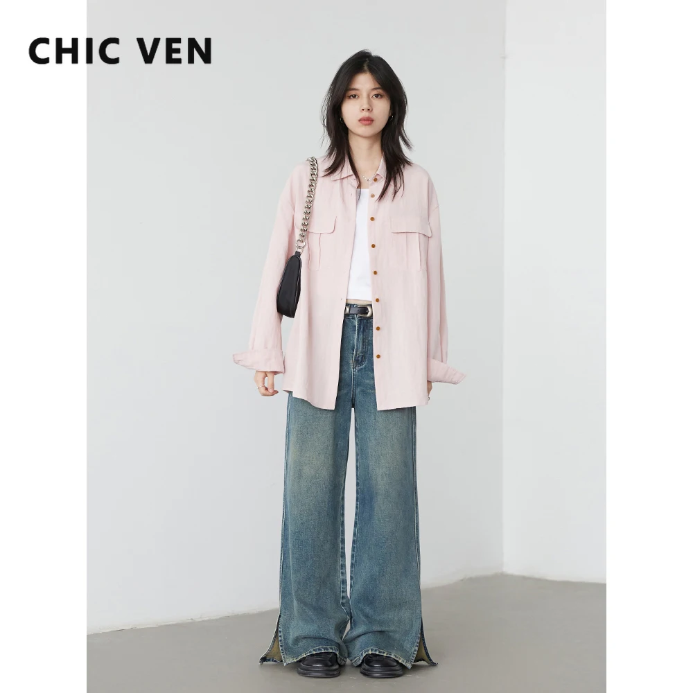 CHIC VEN Women Denim Pants Korean High Waisted  Straight Wide Leg Side Slit Jeans Retro Female Blue Trousers Spring Autumn 2025