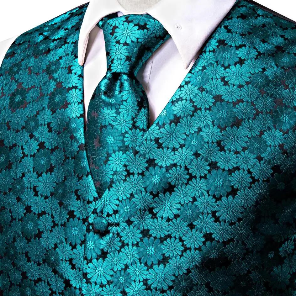 Hi-Tie High Quality Silk Mens Vests Teal Floral Jacquard Waistcoat Tie Hanky Cufflinks Brooch Set for Men Suit Wedding Office XL