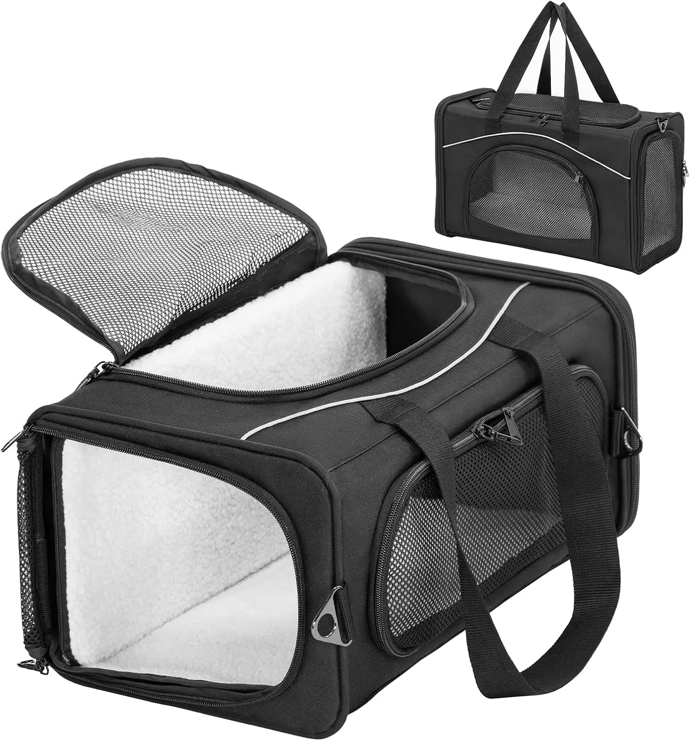 

Одобренная TSA переноска для мелких кошек, 16.5x8.6x11, со съемной подкладкой, помещается под сиденья самолета, защита от побега, черная