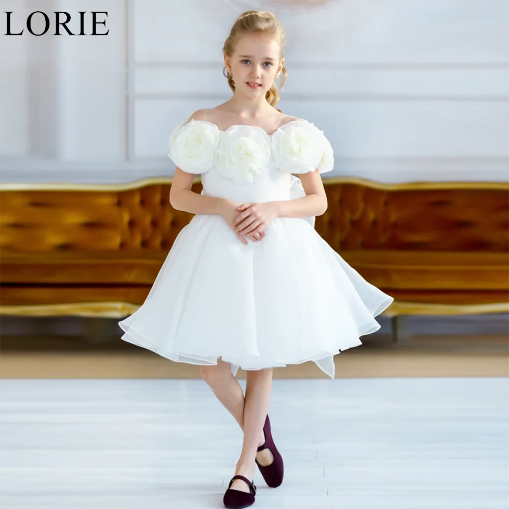 LORIE Pure White Organza Flower Girl Dresses A-Line Off Shoulder Flowers Pleated 2025 Princess Birthday Party Dress Customized