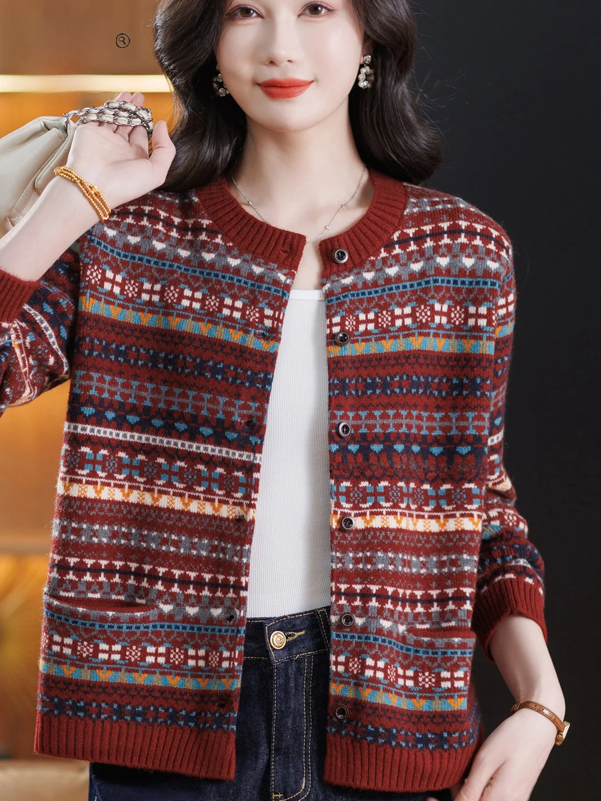 

Весенне-осенний свободный вязаный свитер с круглым вырезом, повседневная верхняя одежда для женщин среднего и старшего возраста, модный открытый кардиган-топ