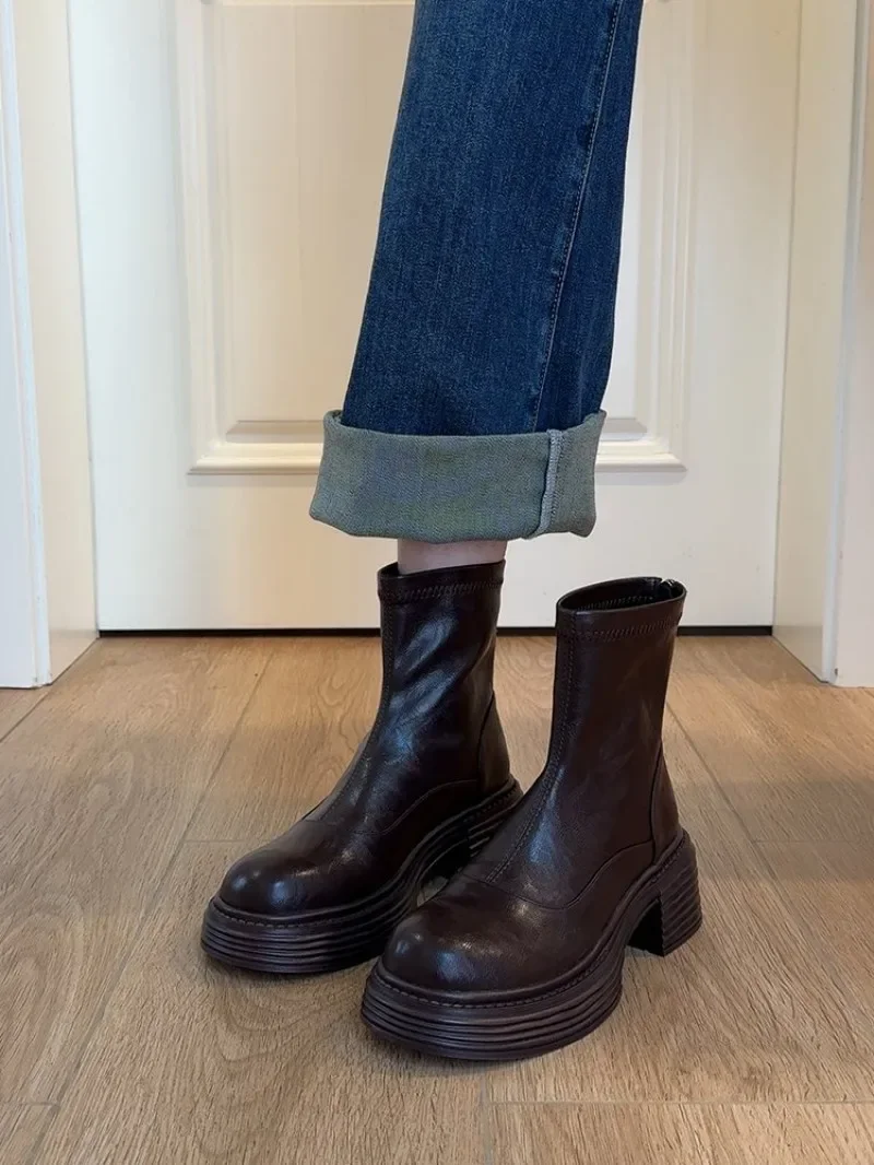 Women Stretch Ankle Boots Round Toe Chunky Block Heel Thick Platform Back Zip Faux Leather Vintage Ladies Autumn Winter Shoes