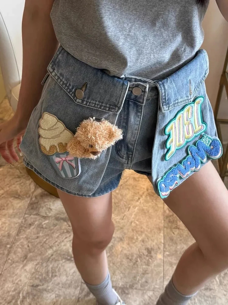 Cute Bear Patchwork Denim Shorts Women Y2K American High Waist Vintage Jean Shorts Streetwear Loose Pocket Wide Leg Shorts