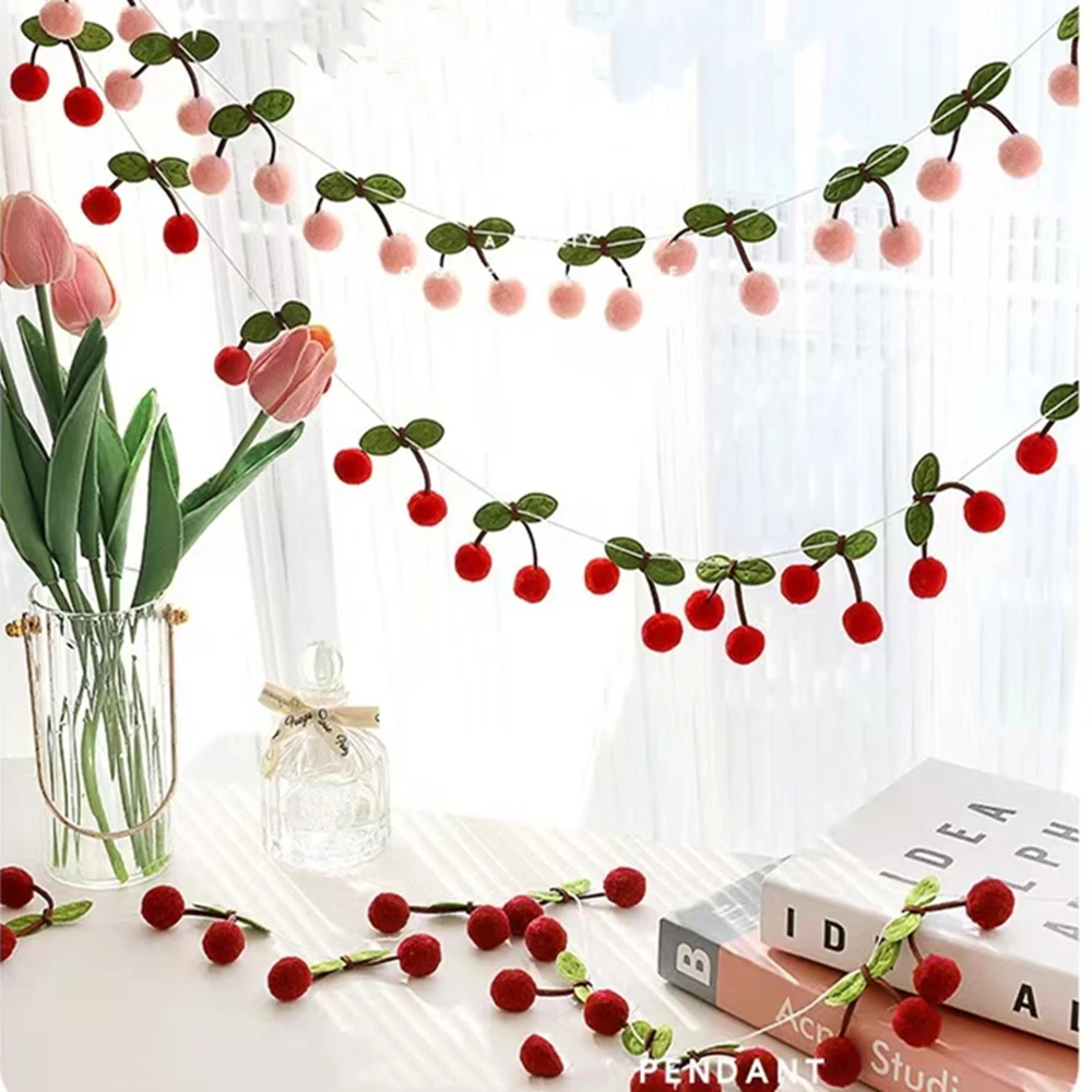 1Set INS Felt Cherry Garland Flag for Kids 1st Birthday Baby Shower Party Decoration Bayberry Fruit Bedroom Wall Hanging Banners