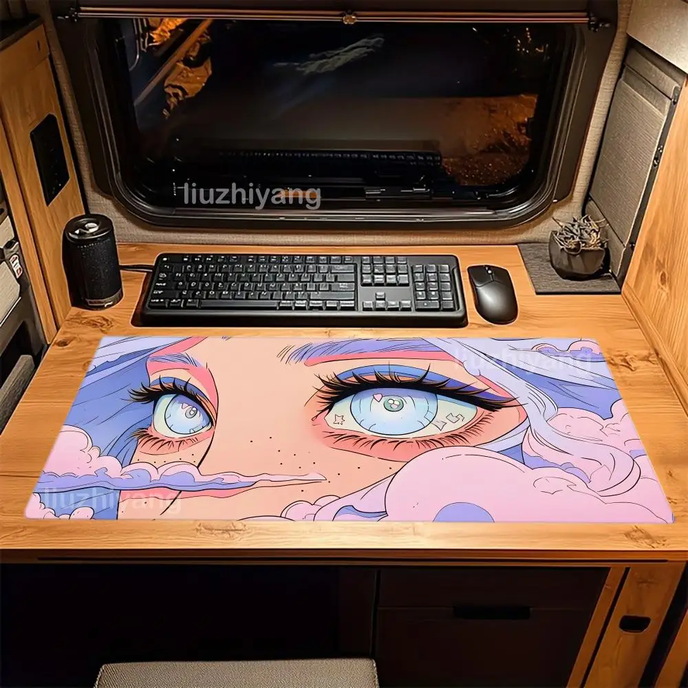 

Коврик для мыши с фиолетовыми глазами в стиле аниме, большой коврик для компьютерной офисной игры, настольный коврик XXL, резиновые противоскользящие коврики для клавиатуры с прошитыми краями, длинные настольные коврики