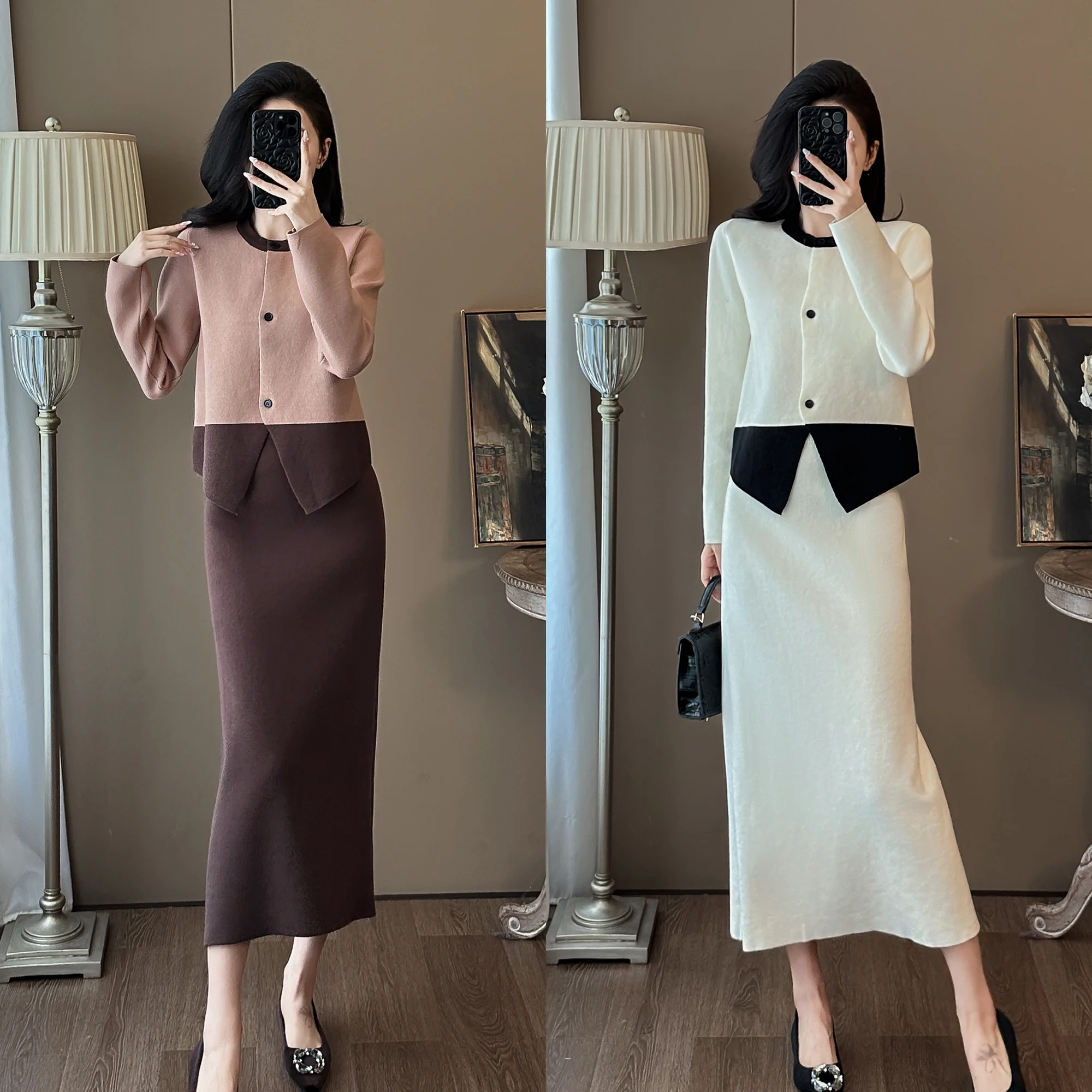 High Qulaity Hit Color Sweater Suits Fashion Women O Neck Single Breasted Knitted Sweater Cardigan+Autumn Winter Long Skirt Suit