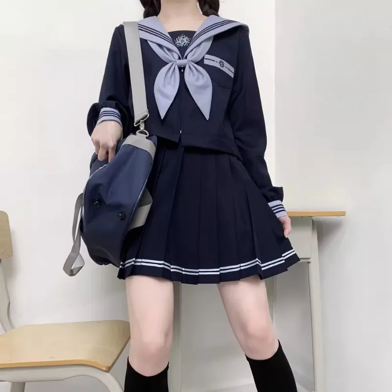 2024 New Japanese JK Uniform Preppy Style Sailor Suit Sweet Blue Long Short Sleeves Top Cinched Waist Pleated Skirt Set For Girl