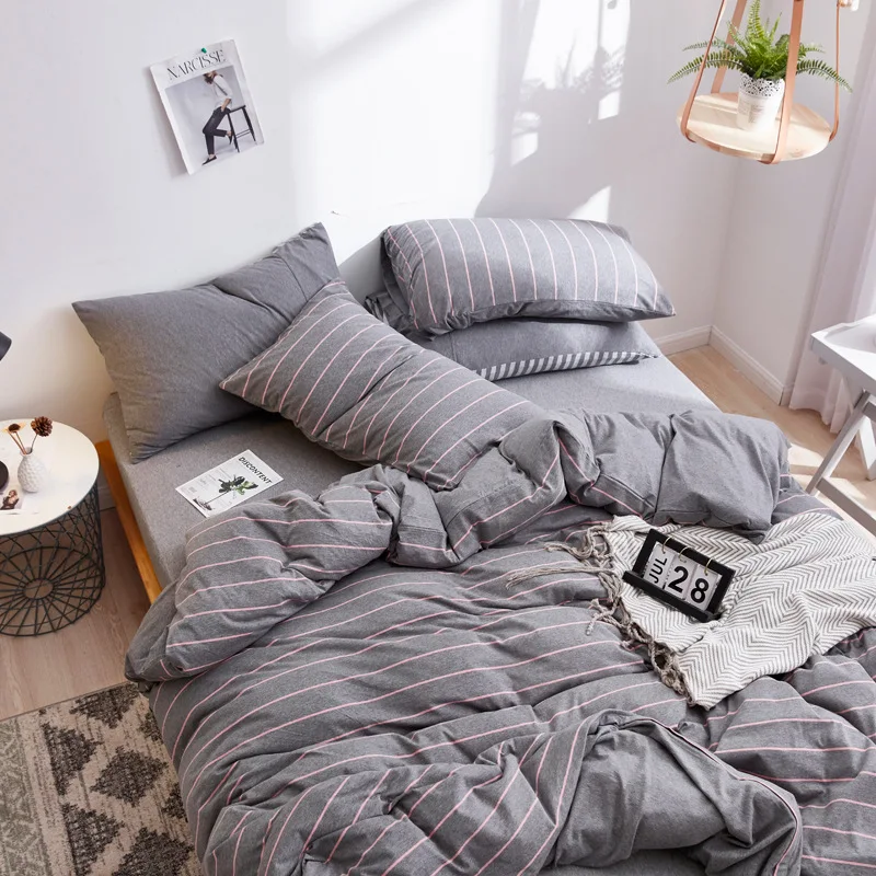All Cotton Stripe Printing Bedding Set High-End Geometric Quilt Cover Kit with Sheets Soft Queen King Size Bed Home Textile