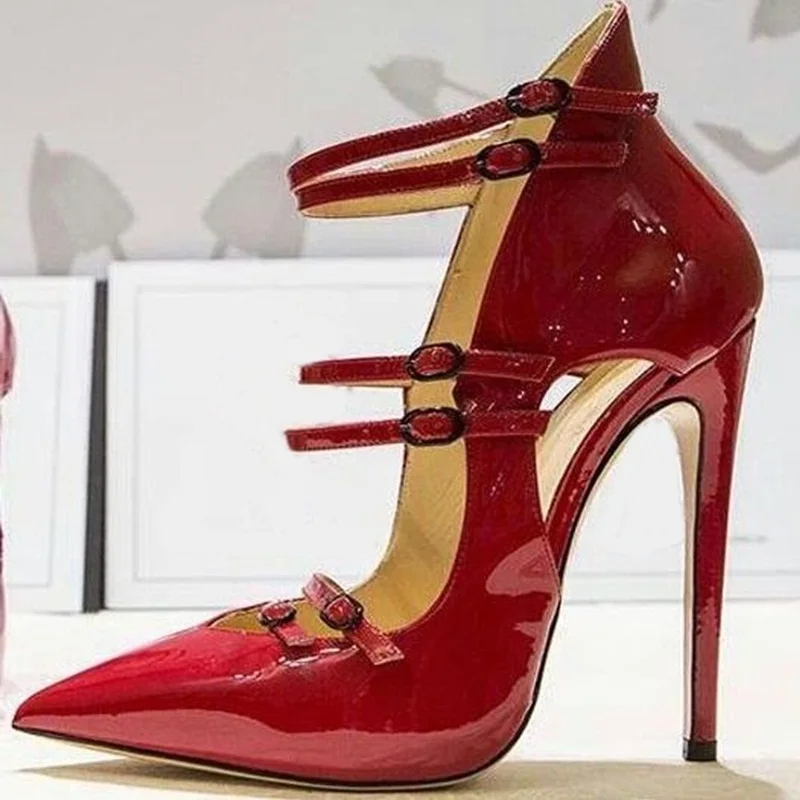 Multiple Belt Buckle Strap Pointed Toe Pumps Red Patent Leather Hollow V Cut Thin Heels Women Party EVening Heels Shoes