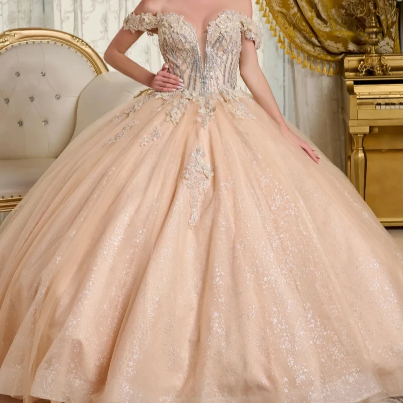 

Блестящие платья Quinceanera цвета шампанского, бальное платье с открытыми плечами, аппликация, кружевные бусины, тюлевой корсет, вечерние, день рождения, милое платье 16,