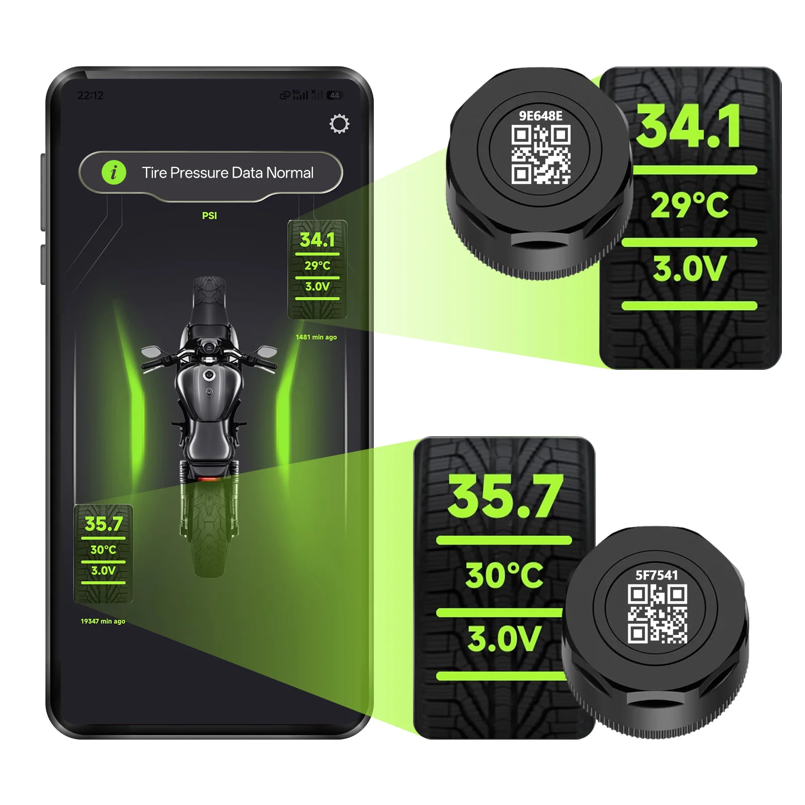 Image of Motorrad TPMS, Bluetooth 5.0 APP Echtzeit-Druck- und Temperaturalarm, IP67 Wasserdicht für Motorrad, Roller, ATV