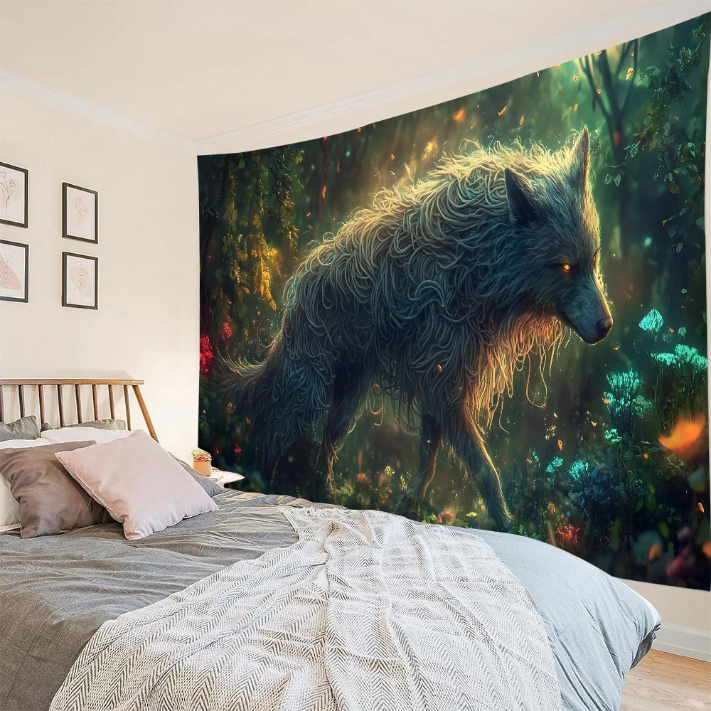 

Starry Wolf Art Tapestry Dreamy Forest Wall Hanging Cloth Home Cartoon Art Decoration Living Room Dormitory Wall Background