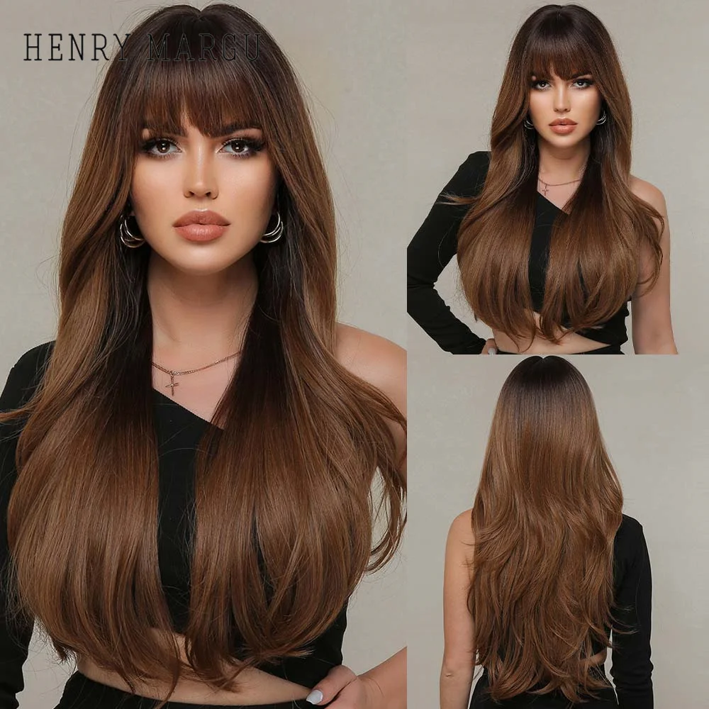 Chestnut Brown Ombre Synthetic Wigs Long Natural Wave Wigs for Black Women With Bangs Daily Cosplay Heat Resistant Hair Wigs