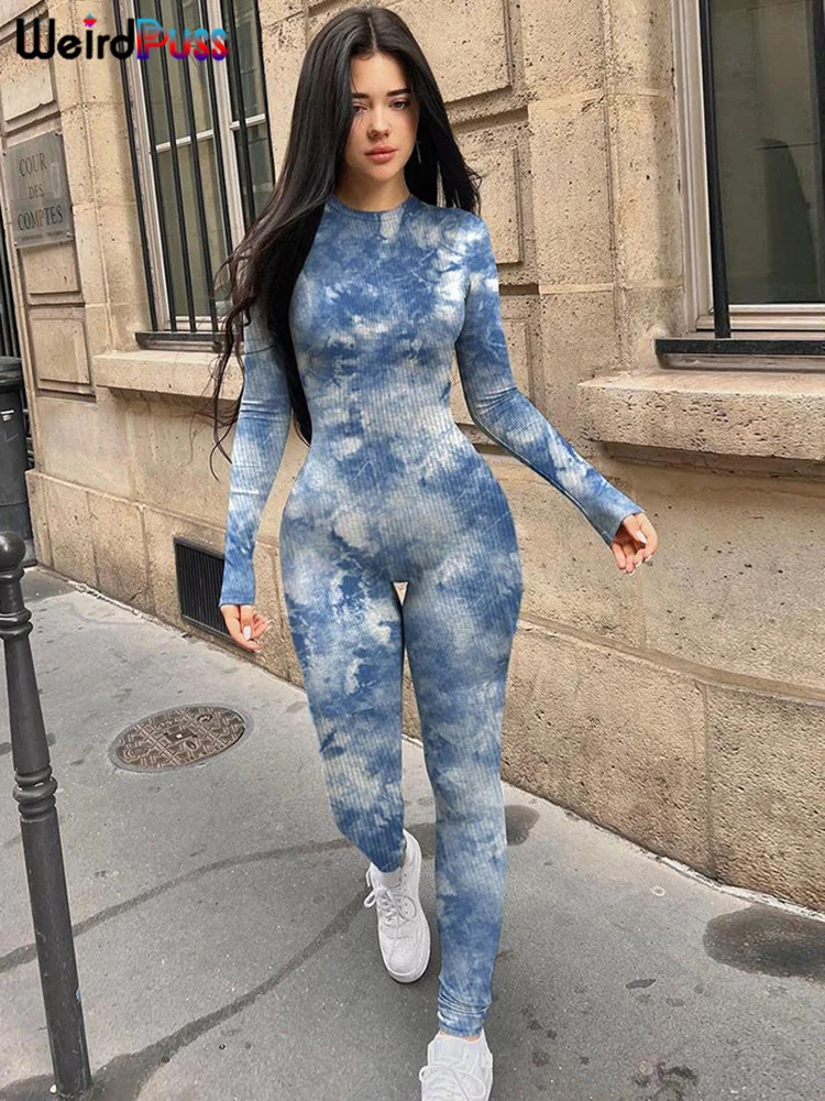 Weird Puss Ribbed Tie-dye Jumpsuit Women Autumn Irregular Print Sporty O-neck Full Sleeve Daily Skinny Casual Trend Streetwear