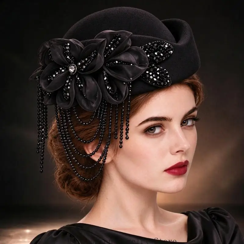 Formal Hat with Cascading Decorative Strands and Flower Accents for Church Ceremonies and Party Styling D0UB