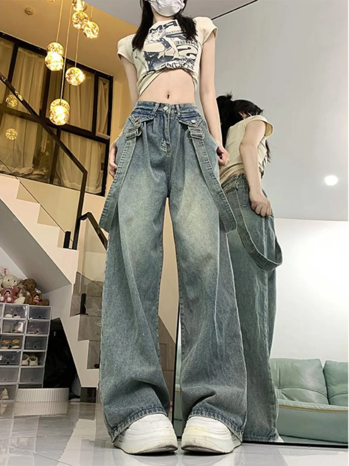 American Retro Detachable Design Wide Leg Jeans Women High Street Loose Fit Fashion Brand Commute Style High Waist Long Pants