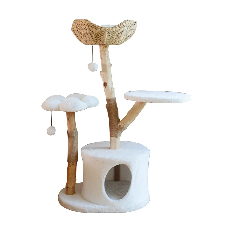 Big Solid Cat Climbing Frame Wood Cat Tree Luxury Large Cat Trees Modern White