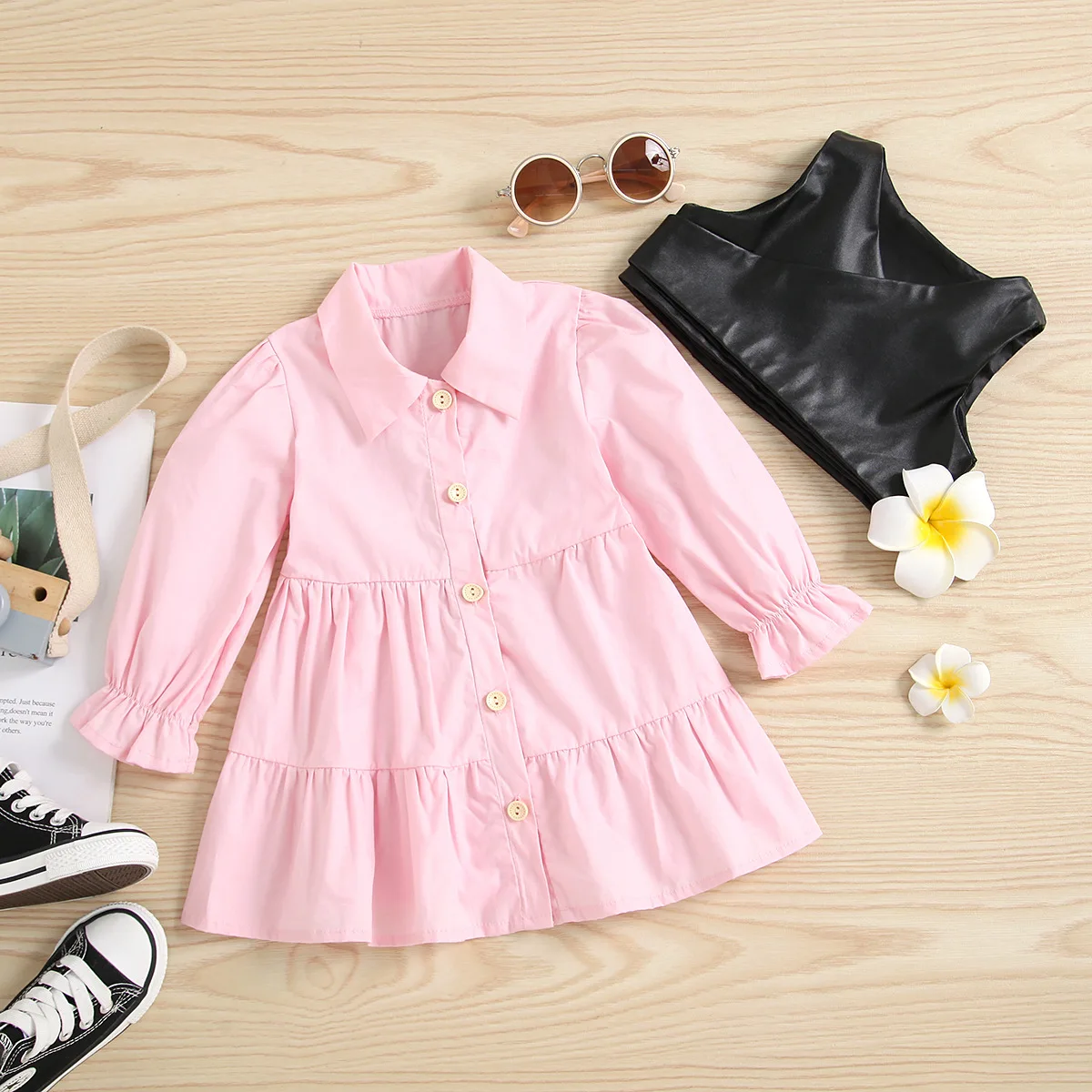 2PCS Girls\' Cotton Pink Shirt with Leather Vest Casual Shirt Suitable for Party School Uniform Easy Care