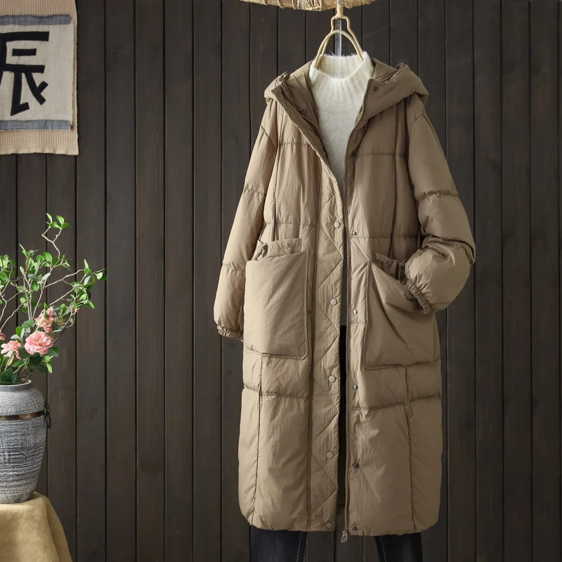 With Hood Warm Coat Big Pockets 2026 Women White Duck Down Long Jacket Casual Loose Autumn Winter Outwear