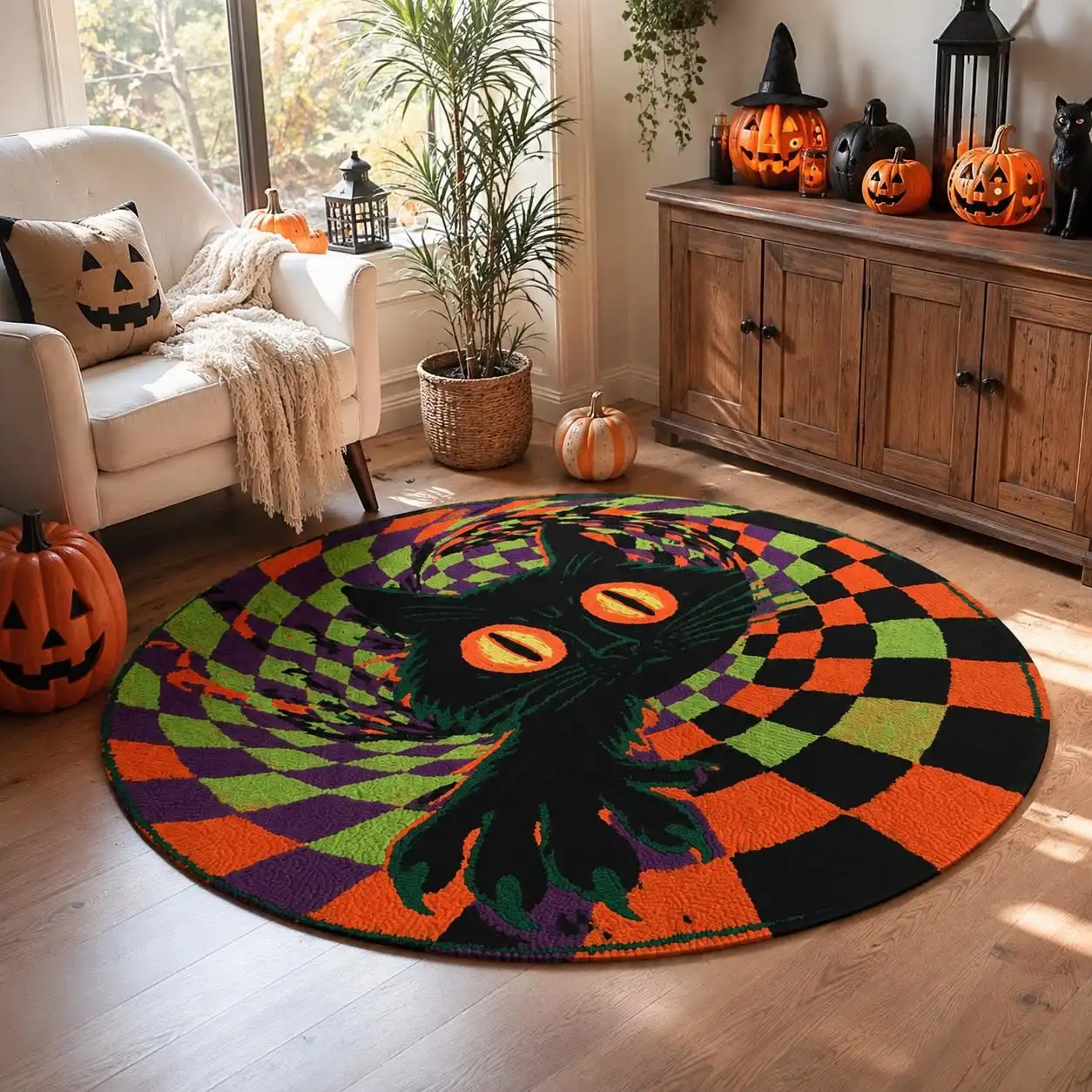 Halloween Round Rug with Black Cat Swirl Checkerboard, Decorative for Living Room Entryway 80x80cm