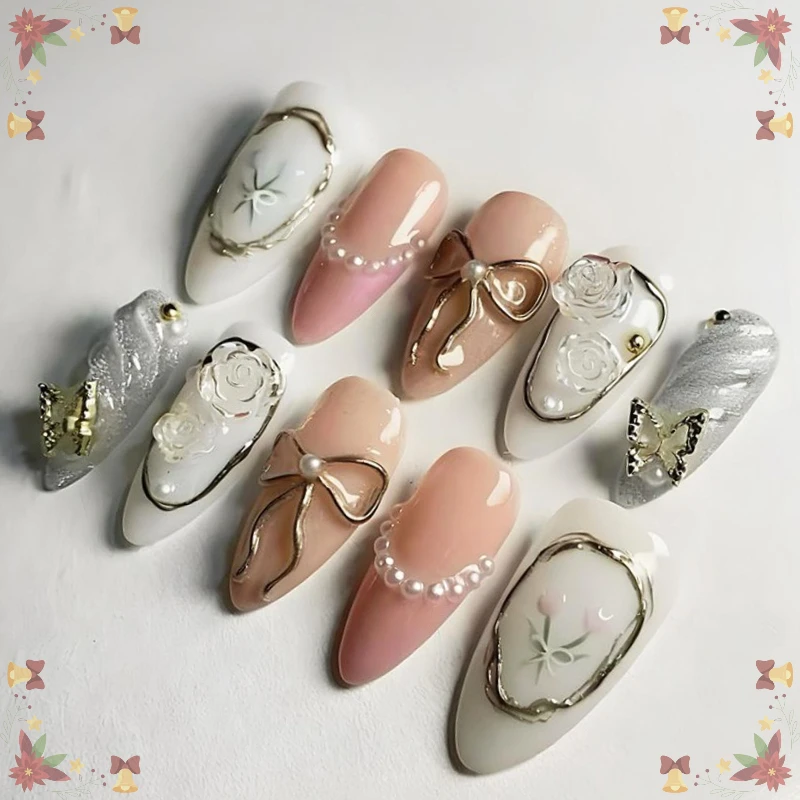 24PCS Almond Shape Fake Nails with Gilded Exquisite High Quality Cat Eye Press on Armor Pure Hand Heart Bow Design False Nails