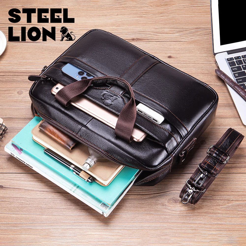 Valigetta da uomo in pelle STEEL LION, borsa da ufficio aziendale di grande capacità, borsa per computer in pelle di vacchetta, può essere portata a mano o a spalla