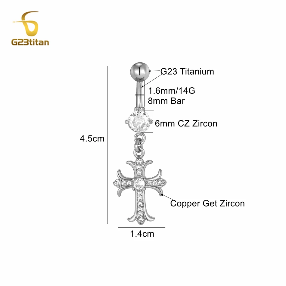 Shiny Silver Color Zircon Cross Dangle Belly Button Ring 14G Titanium Bar Navel Piercing Body Jewelry for Women Sexy Accessories