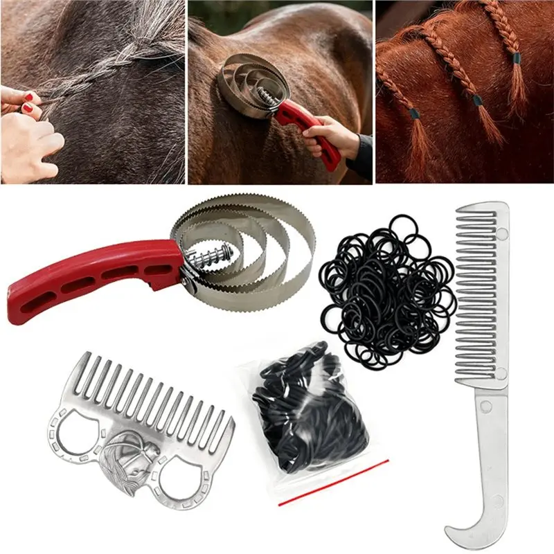 X08A Soft Grip For Horses Dogs Grooming Horse Brush Scraper Reversible Shedding Comb 4 Rings Comb Mane Combing Set