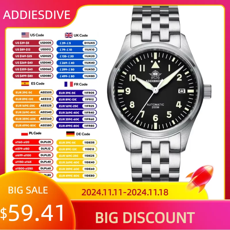 ADDIESDIVE 39mm Men's Watch Sapphire Automatic NH35 Stainless Steel MY-H2 Mechanical Watches Luminous 200m Dive Dress WristWatch