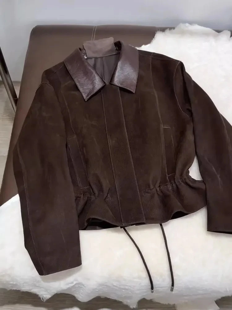 

French Vintage Casual Jacket Women Autumn Long Sleeve Zipper Pleated Coats Y2K Streetwear Lace Up Patchwork Retro Female Jackets