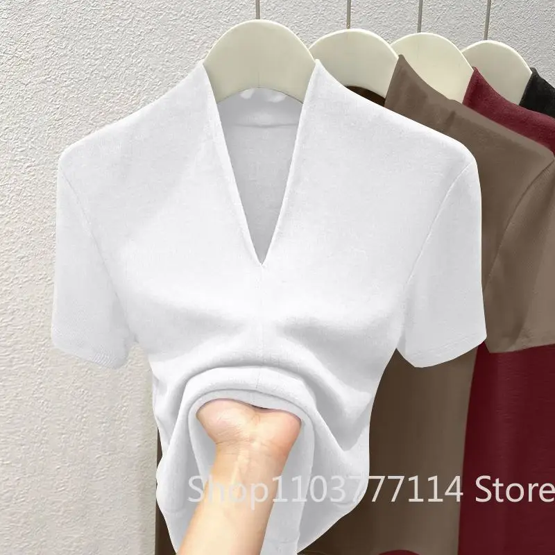 Neues Sommer Sexy V-Ausschnitt Slim T-Shirt für Damen aus Baumwolle, Elastisch, Einfarbig, Lässiges Oberteil mit Kurzen Ärmeln, Atmungsaktiv und Dünn – Detail 10