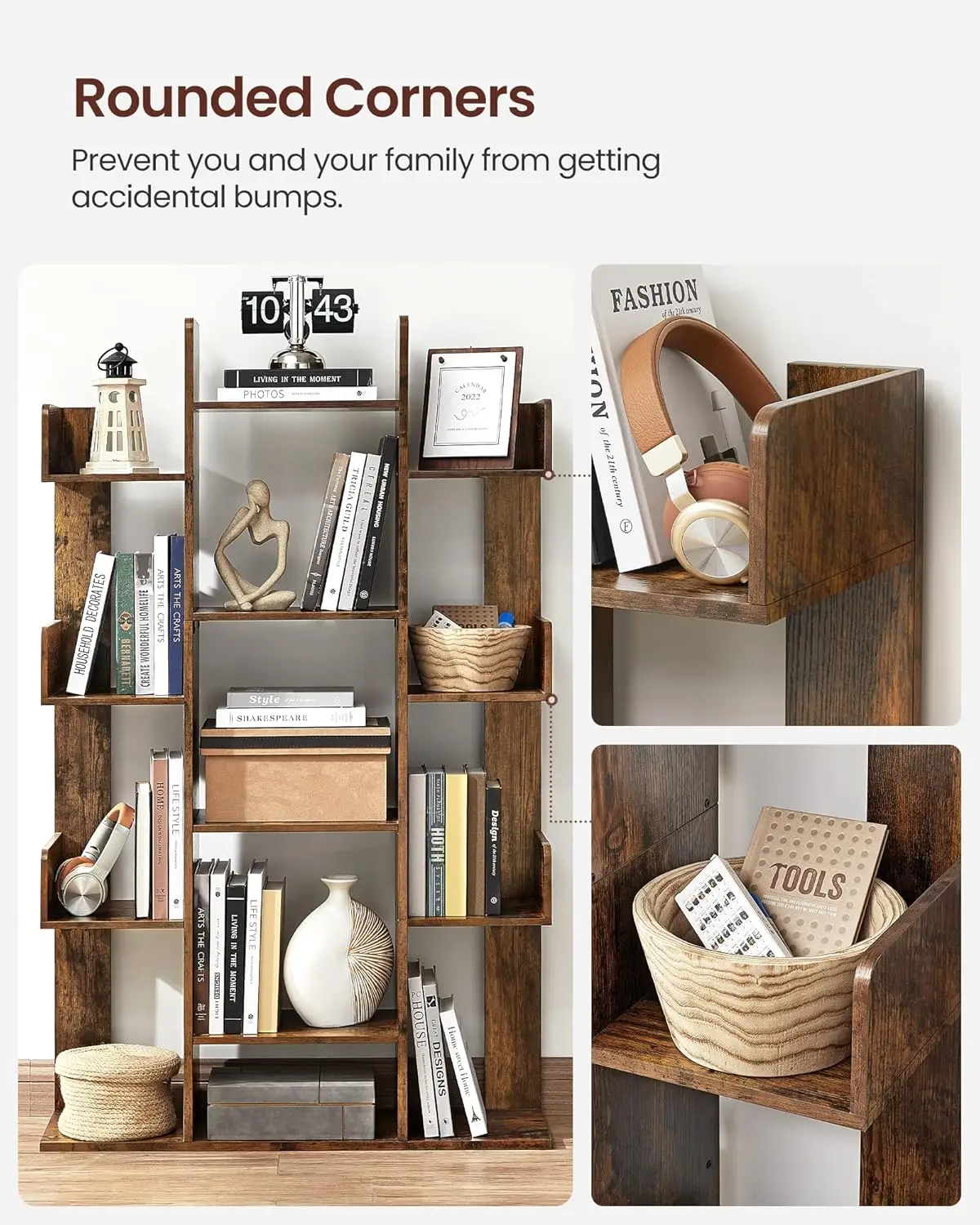 Tree-Shaped Bookcase with 13 Shelves, Rustic Brown, Compact Design for Home Storage