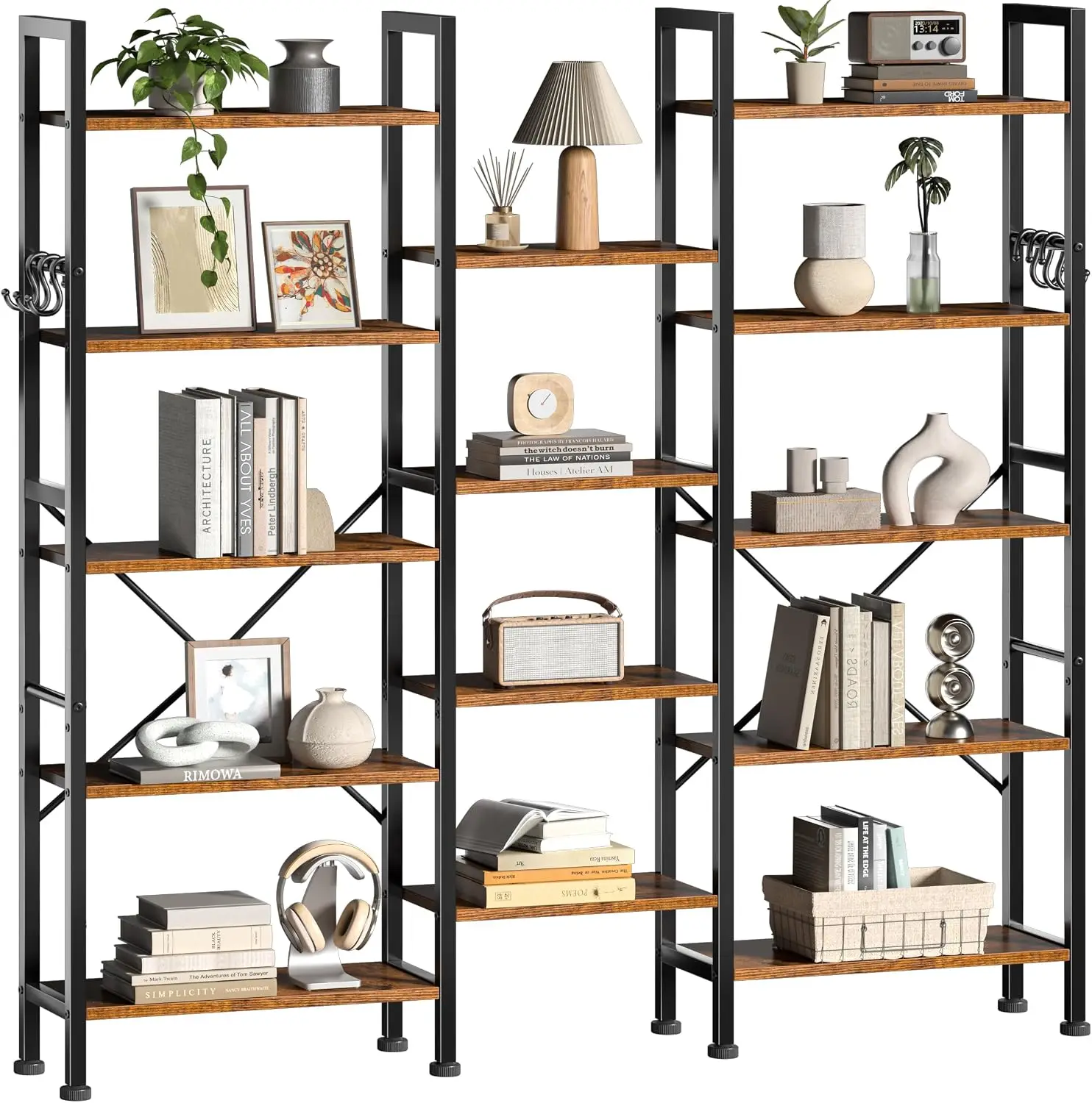 Triple 5 Tier Bookshelf, Industrial Book Shelf Book Case, Wide Bookcase with 14 Display Shelves for Living Room, Home Office, Rustic Brown
