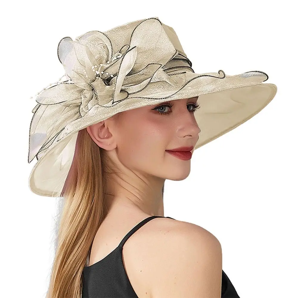 Solid Color Flowers Women Derby Hat Wide Brim UV Protection Summer Ruffles Sun Hat Foldable Organza Bridal Tea Party Wedding Hat