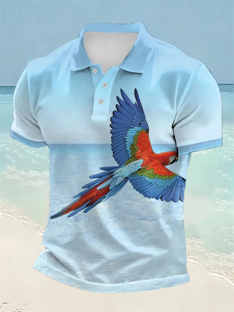 Men's Summer 3D Parrot Print Beach T-Shirt Classic Collared Breathable Short-Sleeve Polo Casual Vacation Short-Sleeve Shirt