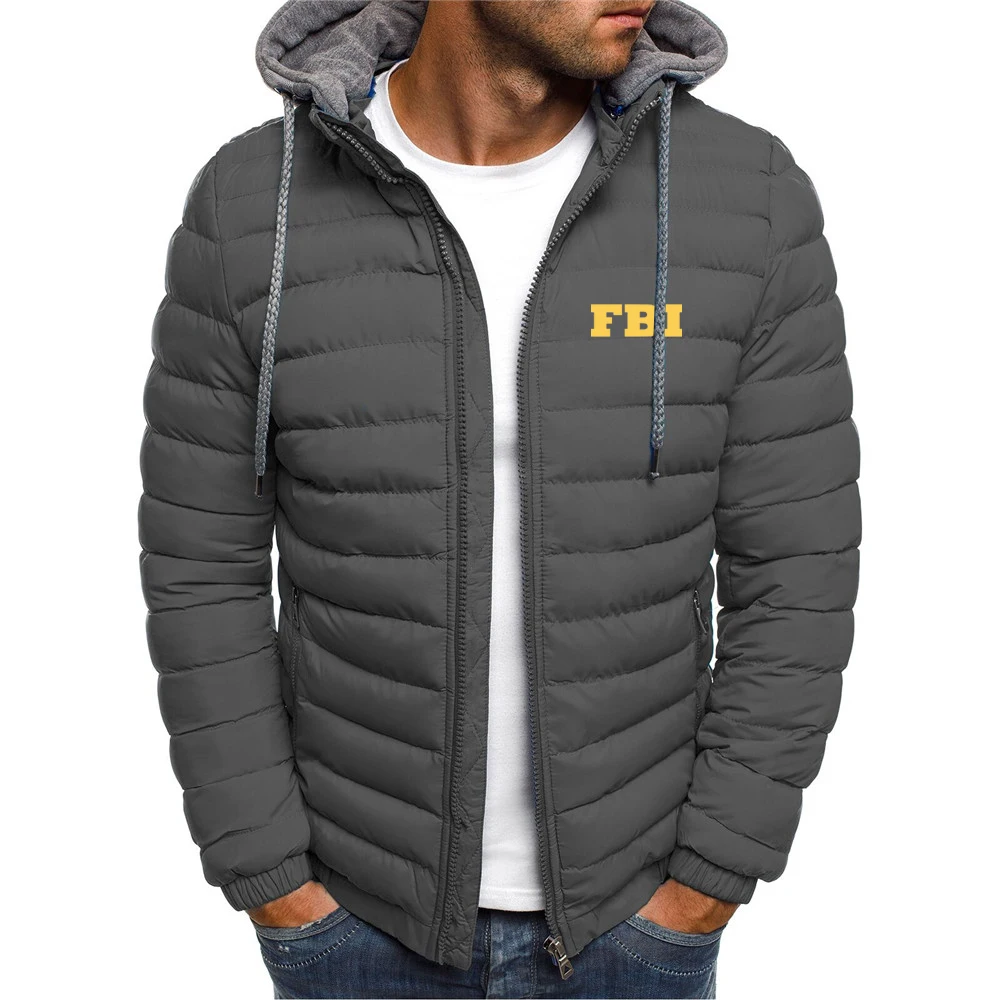 

2025 Spring And Autumn Men's FBI Logo Print Warm Hooded Jackets Windbreaker Outwear Parkas Coats Detachable Hat Outfits Hoodies