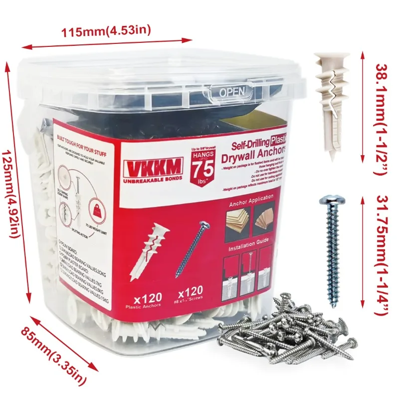 مرساة الحوائط الجافة ذاتية الحفر VKKM، مع 120 مرساة منقوشة و120 براغي، سعة 75 رطل للتركيب على الحائط الآمن #1