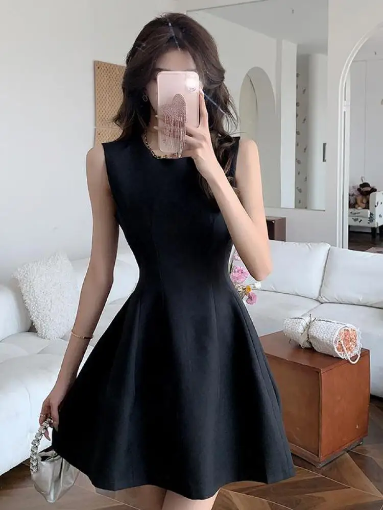 

Korean 2025 Women's Black Elegant Sleeveless Vest Short Dresses Summer Grey Fashion Sexy Holiday Party Dress Simplicity Popular