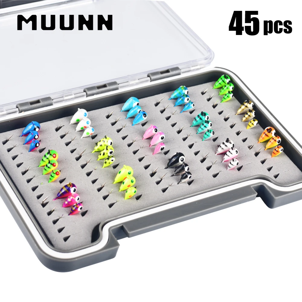 MUUNN 45PCS Tungsten UV Ice Fishing Jig Kit,Boxed ,3.0mm~5.0mm Hayabusa Hook,Winter Crappie Perch Bluegill Bass Softlure