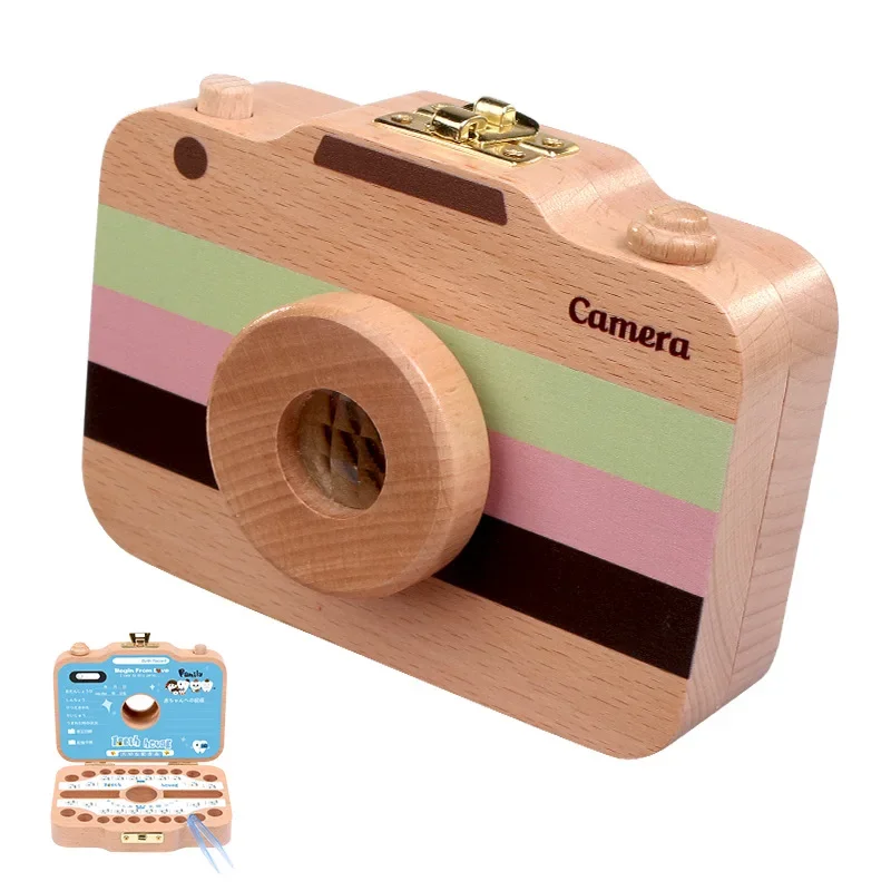 Fotocamera in legno scatola portaoggetti per la conservazione dei denti del bambino fotocamera colorata protezione della casa dei denti scatola del